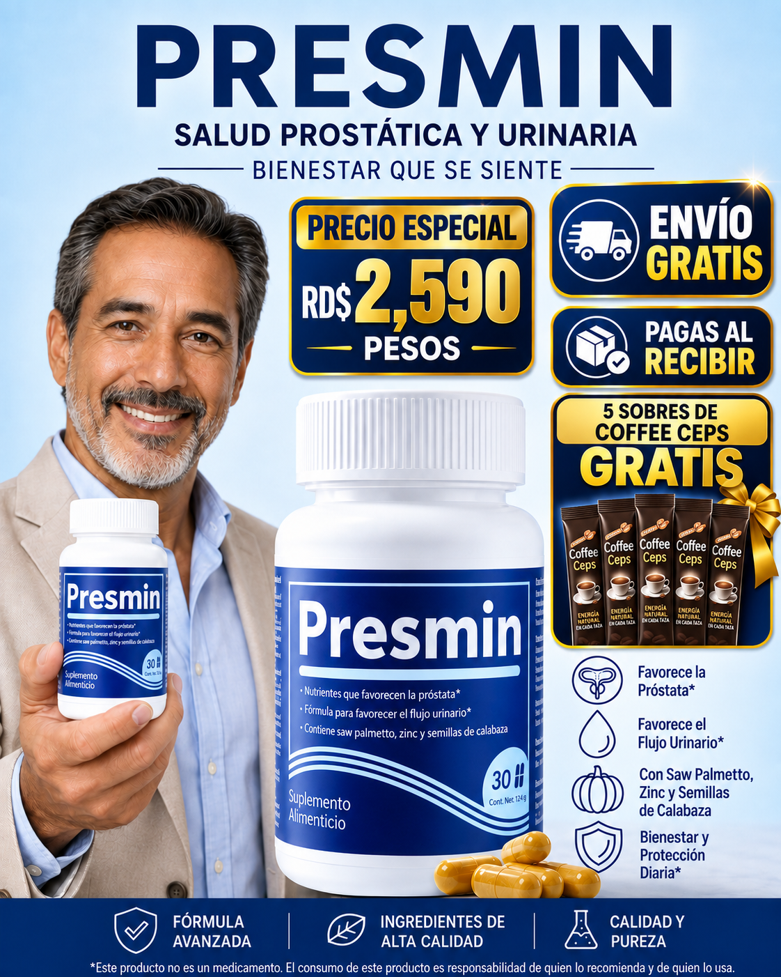 Presmin con 5 sobres de Coffee Ceps de regalo, precio especial RD$2,590